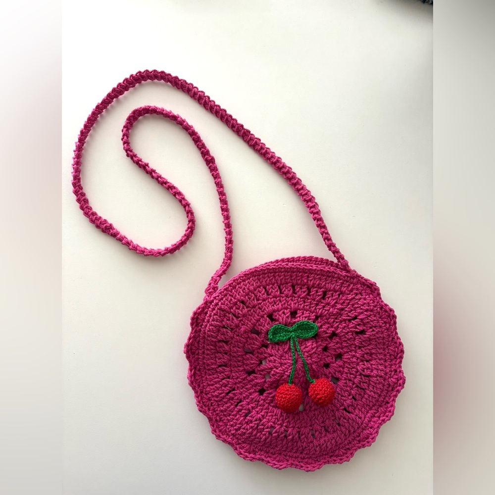 Handmade Crochet Pink Cherry Bag Round Artisan Crossbody Cottage Fairy Academia